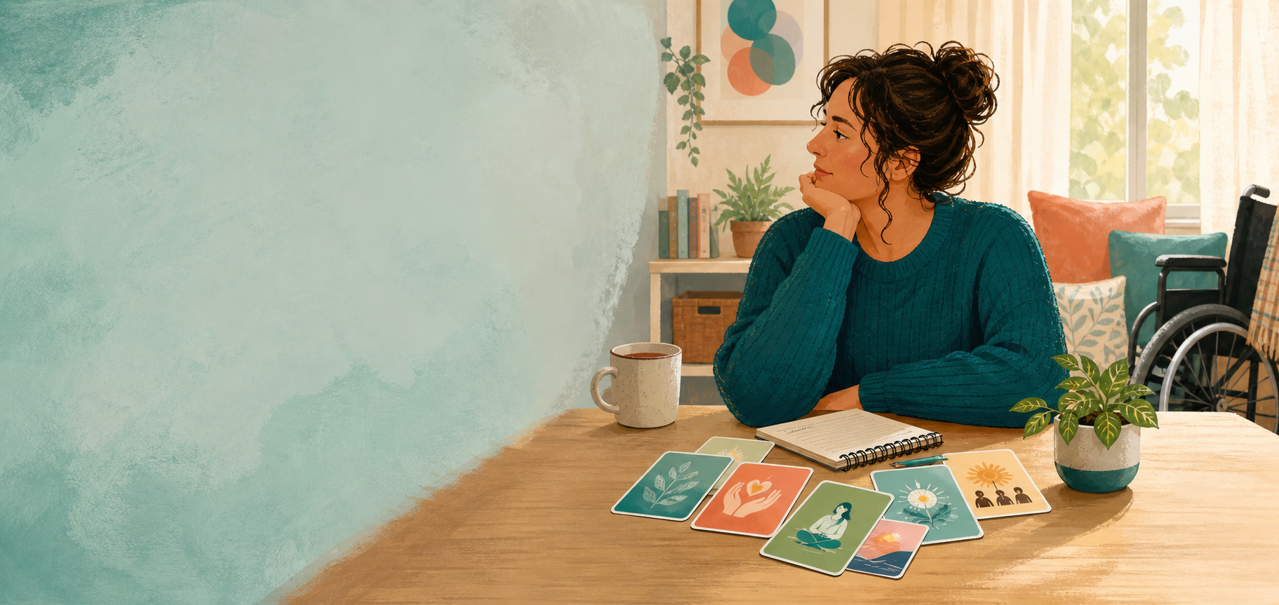 Ilustração calma de uma pessoa cuidadora junto de fichas de auto-cuidado.